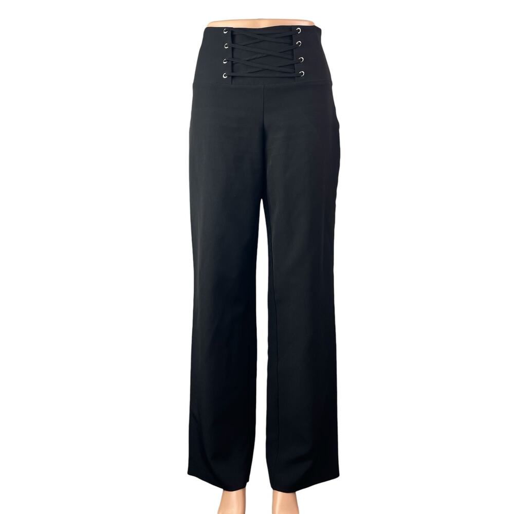 Lipsy Women's Black Lace Up High Waisted Wide Leg Trousers Dress Pants Size 4